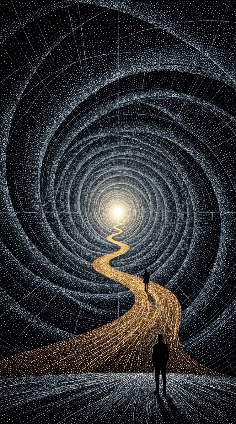 Spiral Girdaba Uzanan Altın Yol ve Yalnız Figür Tablo
