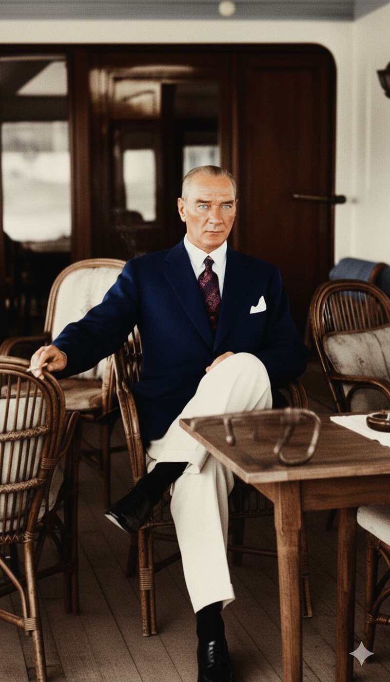 Vapur Güvertesinde Oturan Atatürk Renklendirilmiş Portre Tablo - Dekolata